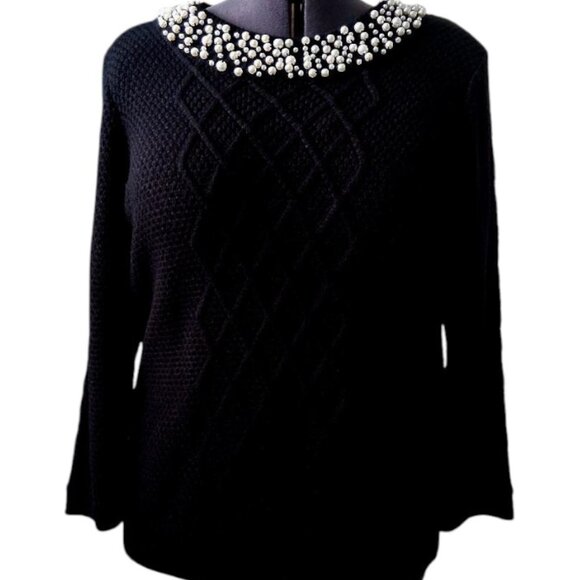 KARL LAGERFELD PARIS Black W/Pearl Embellished Neck Cable Knit Sweater Sz XL/16 - Picture 2 of 11
